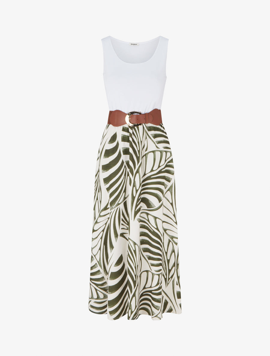 Vestido largo sin mangas con estampado de hojas - Caqui