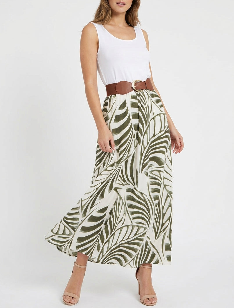 Vestido largo sin mangas con estampado de hojas - Caqui