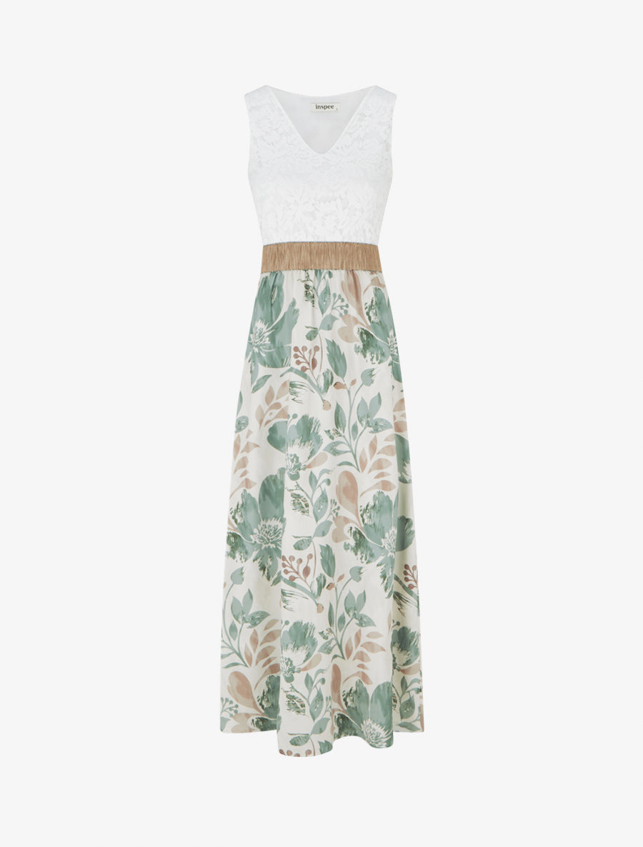 Robe longue à dentelle et imprimé floral - Kaki clair