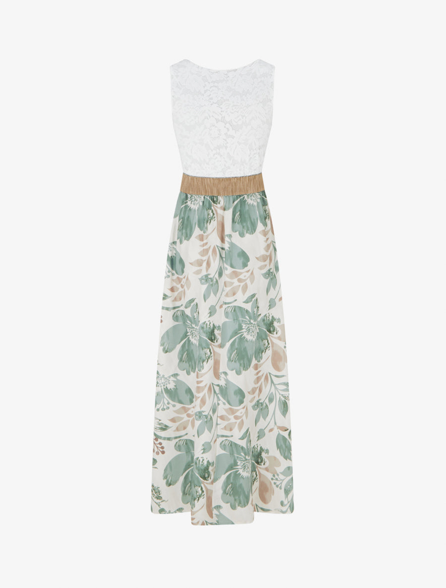Robe longue à dentelle et imprimé floral - Kaki clair