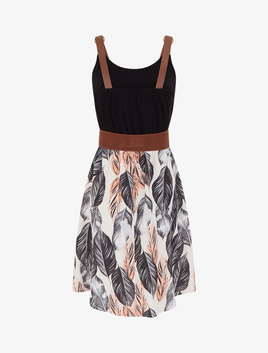 Vestido de largo medio estampado con tirantes de imitación de cuero - Negro