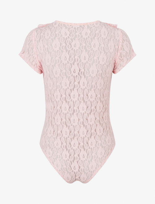 Body uni en dentelle à col volanté - Rose